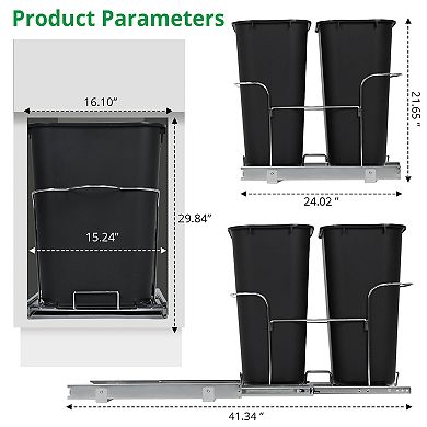 35QT×2 Pull Out Trash Can, Under Cabinet Double Waste Bin with Chrome Steel Slides