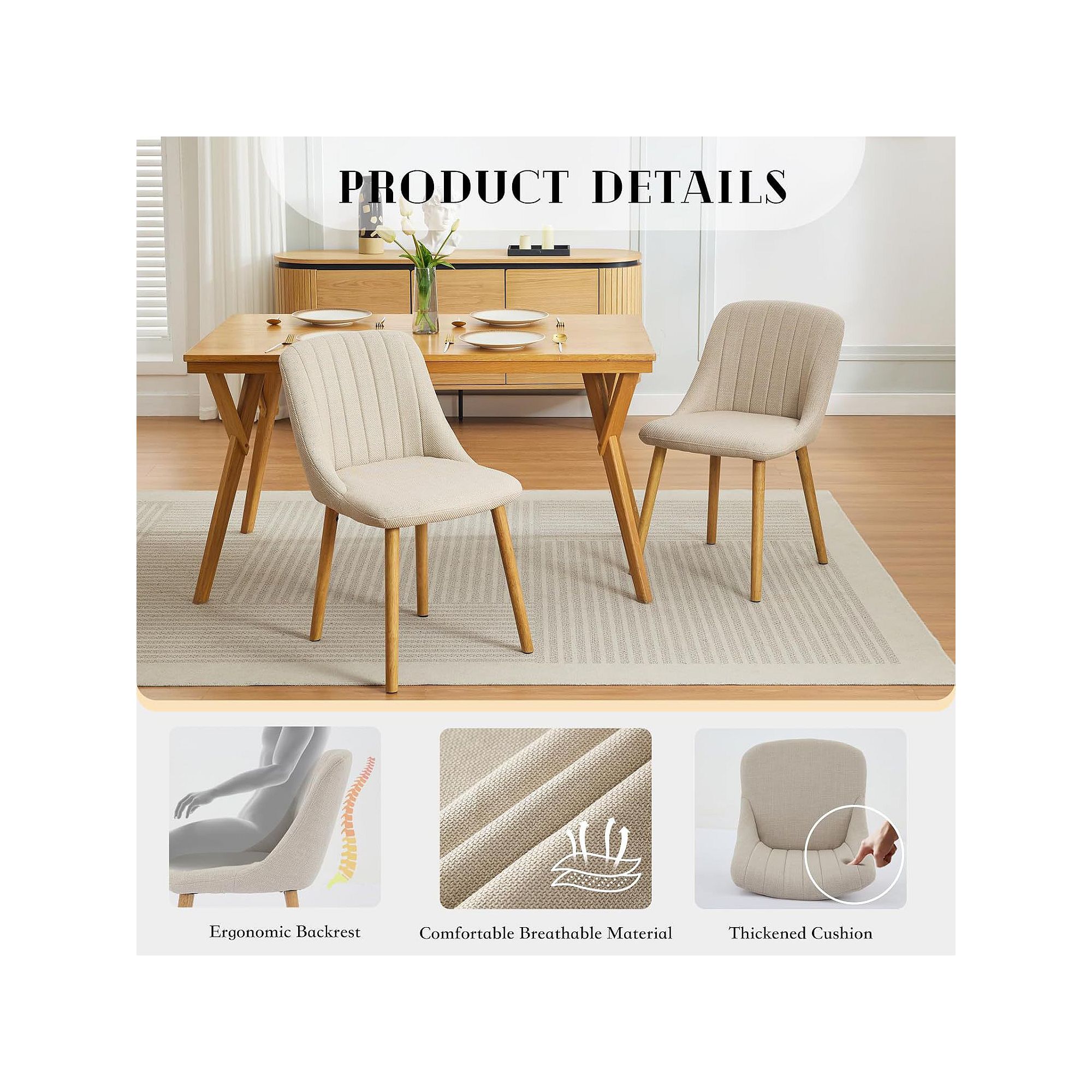 Dining chairs details showing ergonomic backrest and comfort features.