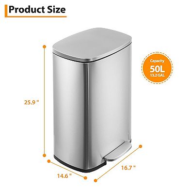 13 Gallon Trash Can with Lid, Square Pedal Garbage Bin with Lid Soft Close