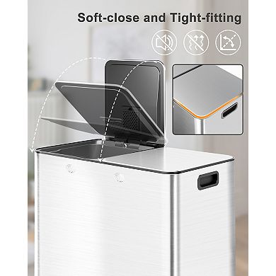16 Gallon Kitchen Double Trash Can with Lid, 8+8 gal Stainless Steel Large Dual Trash