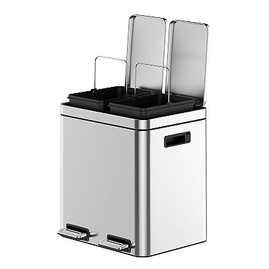 2x4 Gallon Stainless Steel Kitchen Trash Can with Lid, Dual Compartment Trash and Recycle Bin Combo