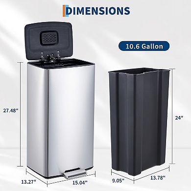Kitchen Trash Can, 40 Liter / 10.6 Gal Stainless Steel Step On Garbage Can with Lid, Odor Filter