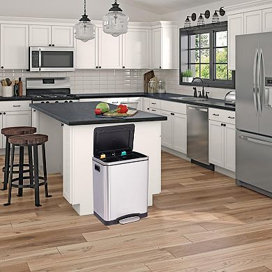 30L Step Trash Can, 2 x 4 Gallon Dual Compartment Stainless Steel Garbage Can with Soft-Close Lid