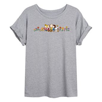 Juniors' Peanuts Group Flowers Oversized Tee