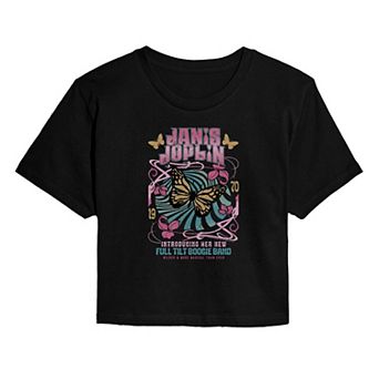 Juniors' Janis Joplin Butterfly Graphic Cropped Tee