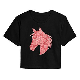 Juniors' Paisley Horse Head Cropped Tee