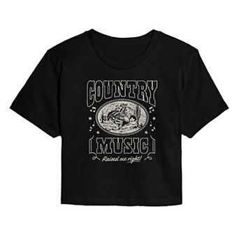 Juniors' Country Music Raised Me Right Distressed Cropped Tee