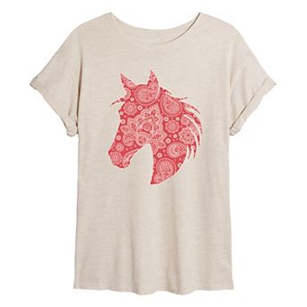 Juniors' Paisley Horse Head Oversized Tee
