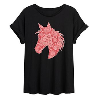 Juniors' Paisley Horse Head Oversized Tee