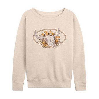 Women's Western Longhorn Skull Floral Graphic French Terry Long Sleeve Tee