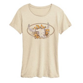 Women's Western Longhorn Skull Floral Graphic Tee