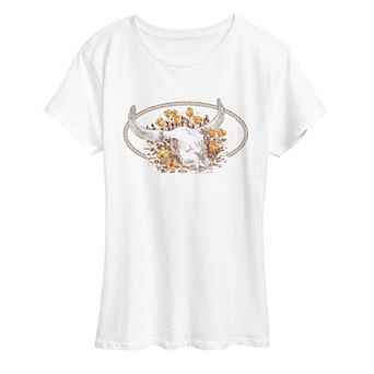 Women's Western Longhorn Skull Floral Graphic Tee