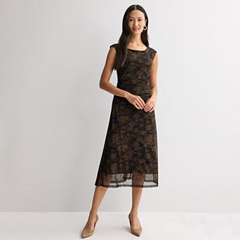 Women's Studio Connection Printed Mesh Cap Sleeve Rouched Side Dress
