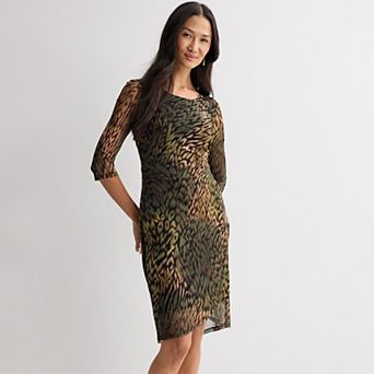 Women's Studio Connection Printed Mesh 3/4 Sleeve Side Tucked Dress
