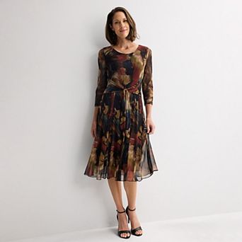 Women's Studio Connection Printed Mesh 3/4 Sleeve Tie Front Dress