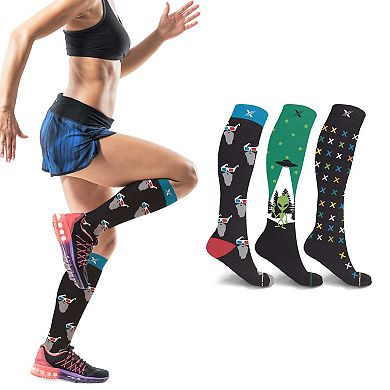 Glow In The Dark Sport Compression Socks - Knee High Performance Socks - 3 Pair