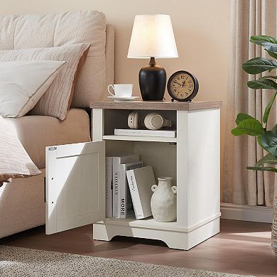 Farmhouse Nightstand with Barn Door for Bedroom, Office, White