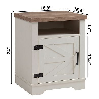 Farmhouse Nightstand with Barn Door for Bedroom, Office, White