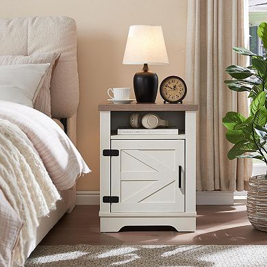 Farmhouse Nightstand with Barn Door for Bedroom, Office, White