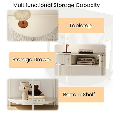 Half Moon Design Console Table with 2 Storage Drawers and Bottom Shelf for Living room, Cream White