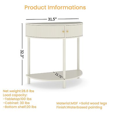 Half Moon Design Console Table with 2 Storage Drawers and Bottom Shelf for Living room, Cream White
