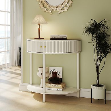 Half Moon Design Console Table with 2 Storage Drawers and Bottom Shelf for Living room, Cream White