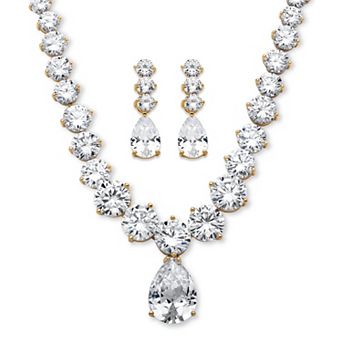 PalmBeach Jewelry 79.40 TCW Round Cubic Zirconia Necklace and Earrings Set Gold-Plated