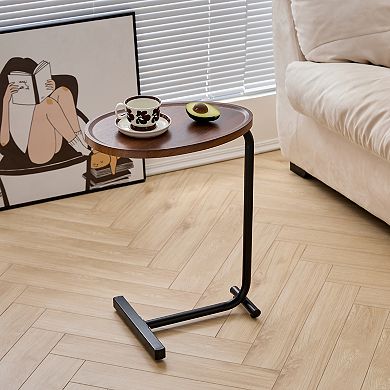 Brown C-Shaped Side Table, Versatile Small Sofa Table, Metal and MDF, 17.72 x 11.81 x 2