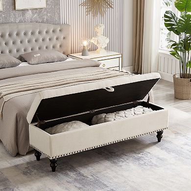 59" Bed Bench Ottoman with Storage Beige Fabric