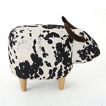 Cow-Shaped Ottoman Footstool, Black and White Modern Accent Stool with Velvet Horns, Fabric Body, Bi