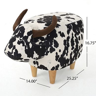 Cow-Shaped Ottoman Footstool, Black and White Modern Accent Stool with Velvet Horns, Fabric Body, Bi