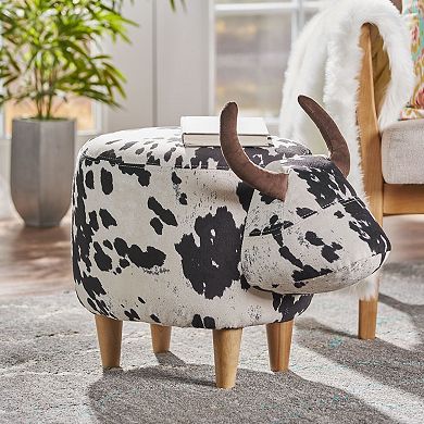 Cow-Shaped Ottoman Footstool, Black and White Modern Accent Stool with Velvet Horns, Fabric Body, Bi
