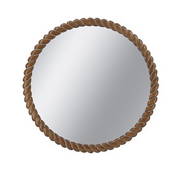 28.3x28.3" Round Wood Wall Mirror with Rope Shaped Frame, Antique Brown