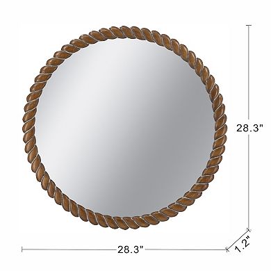28.3x28.3" Round Wood Wall Mirror with Rope Shaped Frame, Antique Brown