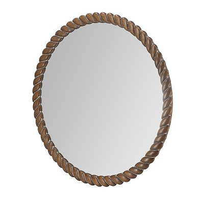 28.3x28.3" Round Wood Wall Mirror with Rope Shaped Frame, Antique Brown
