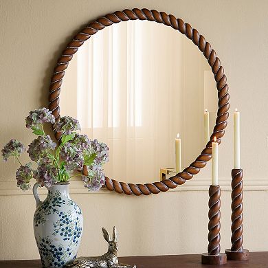 28.3x28.3" Round Wood Wall Mirror with Rope Shaped Frame, Antique Brown