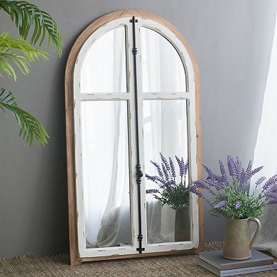 Arch Wood Wall Mirror, Distressed White and Brown, 27.5 x 48 Inch
