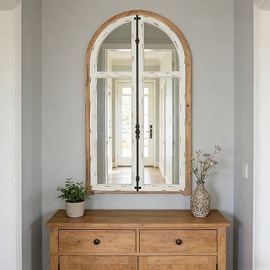 Arch Wood Wall Mirror, Distressed White and Brown, 27.5 x 48 Inch