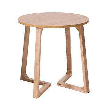24" Round End Table, Mid Century Modern Solid Wood Sofa Side Table with V-Shaped Legs