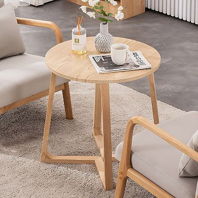 24" Round End Table, Mid Century Modern Solid Wood Sofa Side Table with V-Shaped Legs