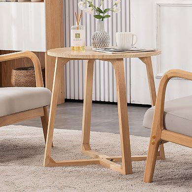 24" Round End Table, Mid Century Modern Solid Wood Sofa Side Table with V-Shaped Legs