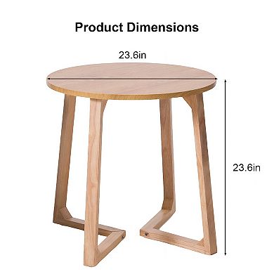 24" Round End Table, Mid Century Modern Solid Wood Sofa Side Table with V-Shaped Legs