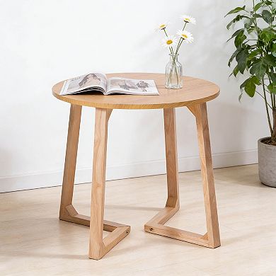 24" Round End Table, Mid Century Modern Solid Wood Sofa Side Table with V-Shaped Legs