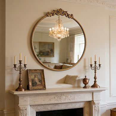 30" x 32" Round Gold Wall Mirror with Metal Frame, Antique Gold