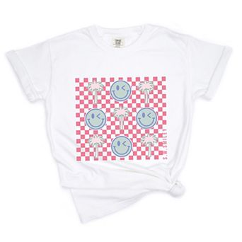 S.W.Smiley Smiley Palm Trees Checkered - Women's Garment Dyed Graphic T-Shirt