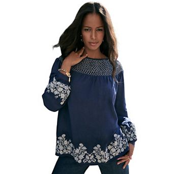 Roaman's Women's Plus Size Embroidered Smocked Blouse