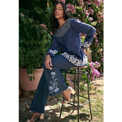 Roaman's Women's Plus Size Embroidered Smocked Blouse