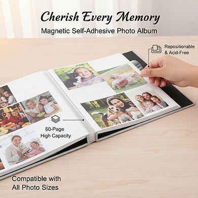 Self Adhesive Photo Album with Magnetic Pages Holds Multiple Photo Sizes