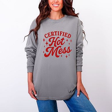 Certified Hot Mess Stars Distressed - Women's Garment Dyed Long Sleeve Graphic T-Shirt