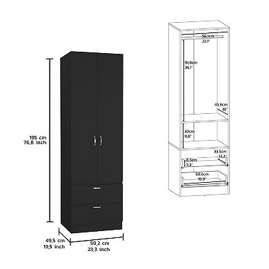 Vico Armoire Wardrove 76" H, Hanging Rod, 2 Drawers, 1 Shelf